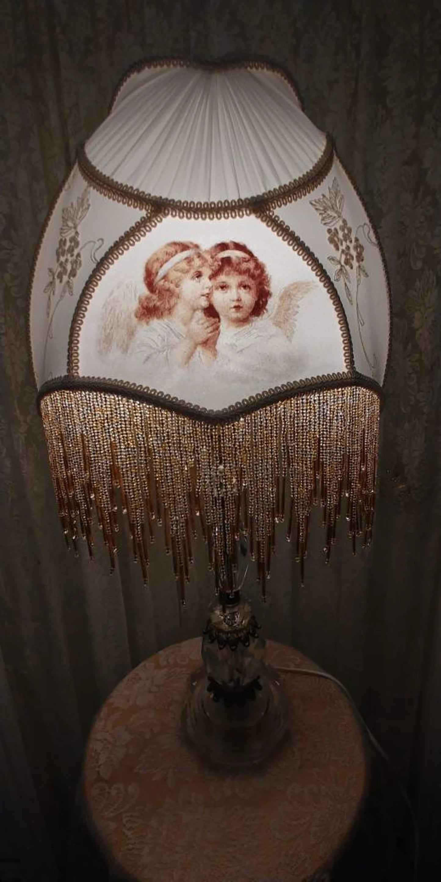 Angel Victortian Lampshade 25" ht. on Crystal lamp all glass bead fringe