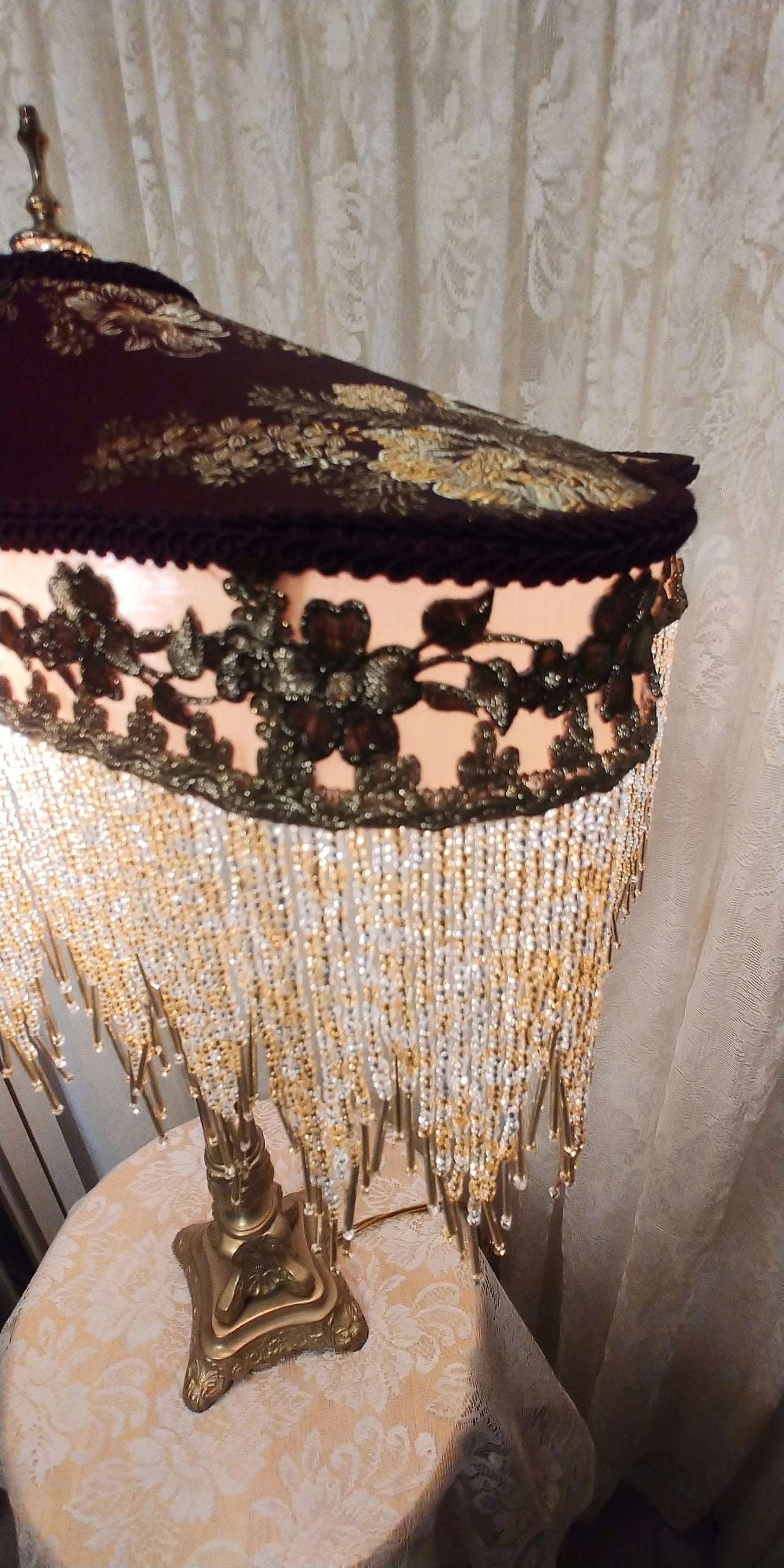 Asian Gold and Cranberry Silk Shade with Brass Table Lamp