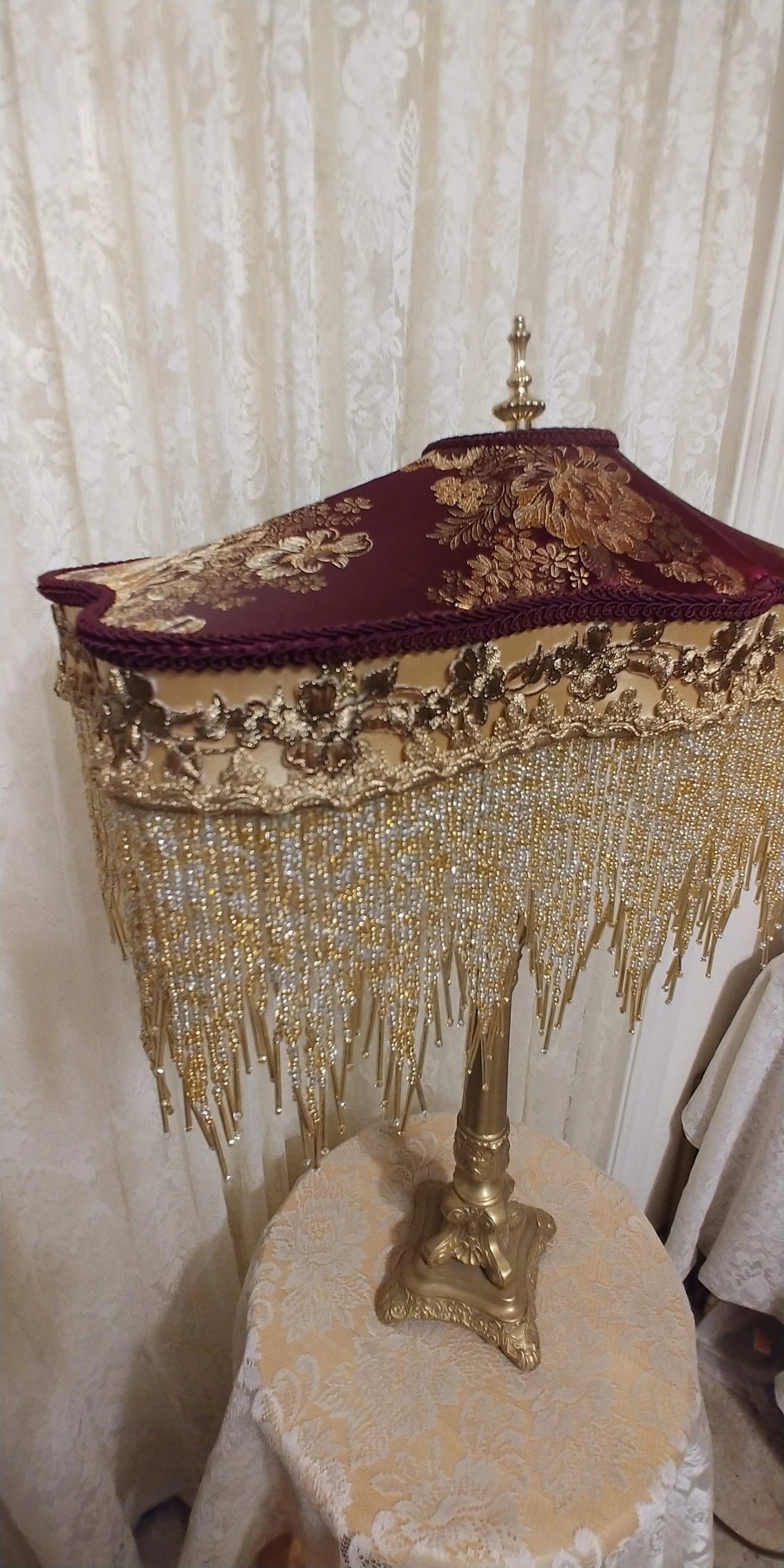 Asian Gold and Cranberry Silk Shade with Brass Table Lamp