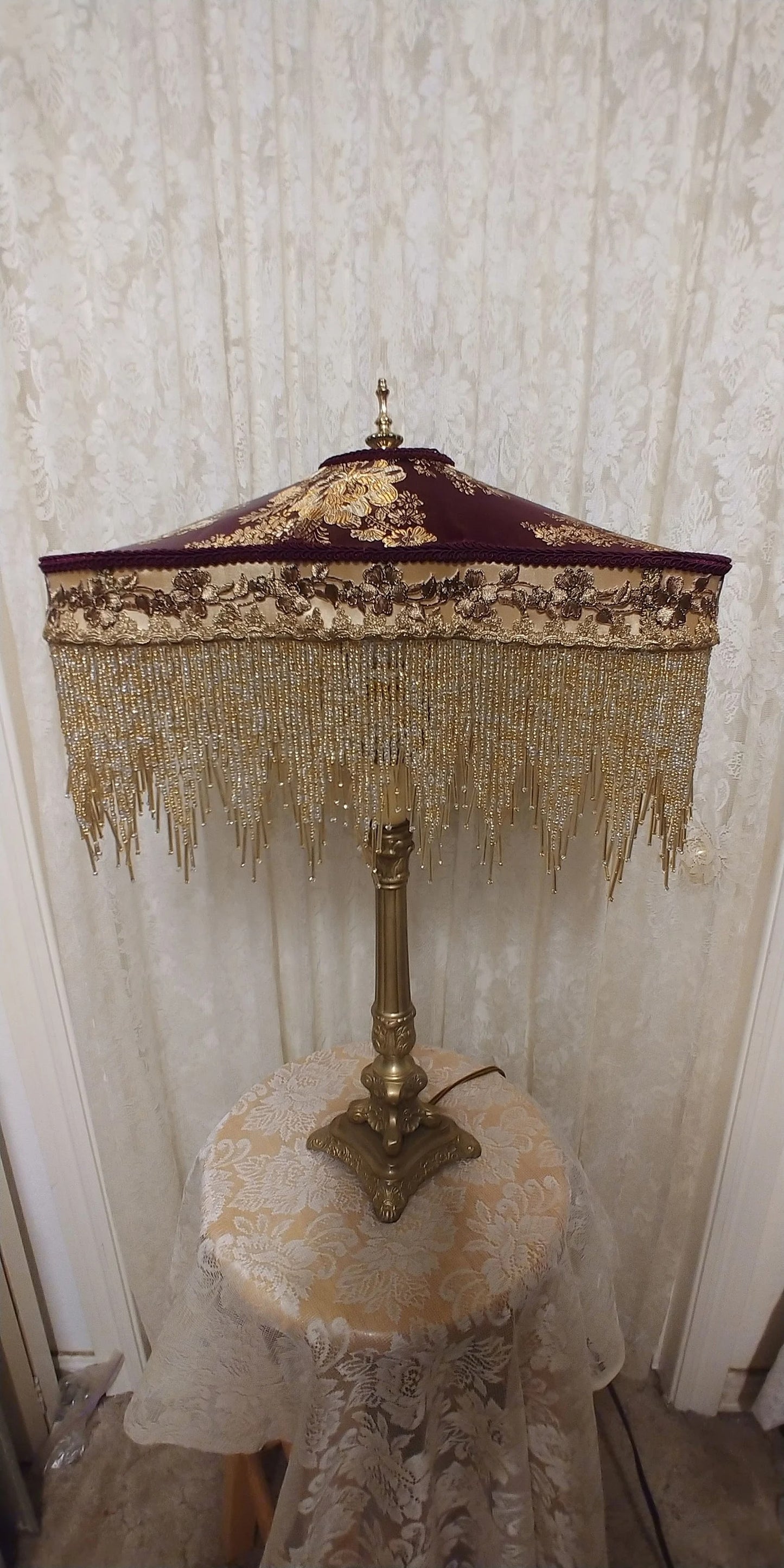 Asian Gold and Cranberry Silk Shade with Brass Table Lamp