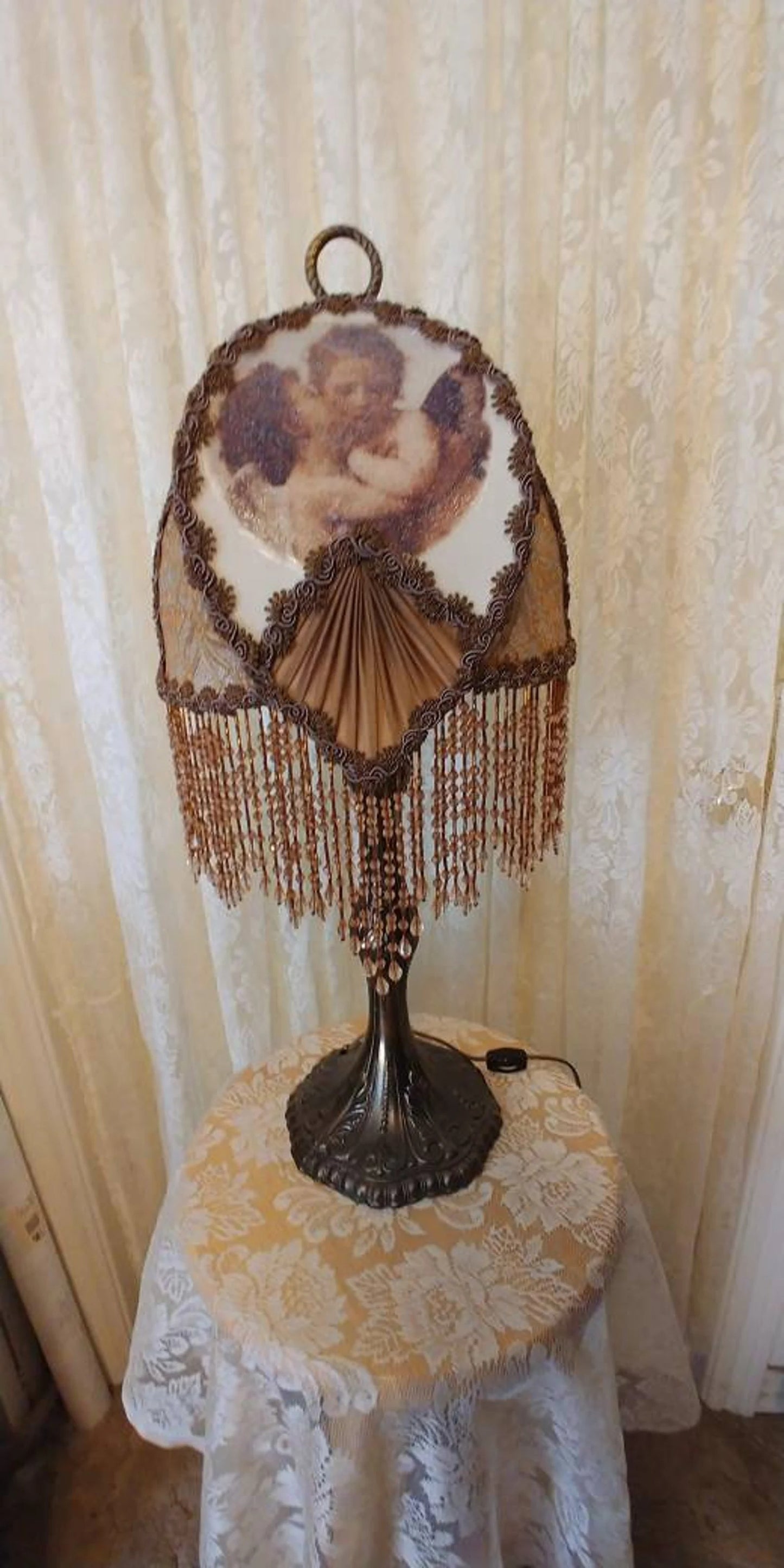 Angel Blessings, Vintage Half Lampshade with Bead Fringe and lamp
