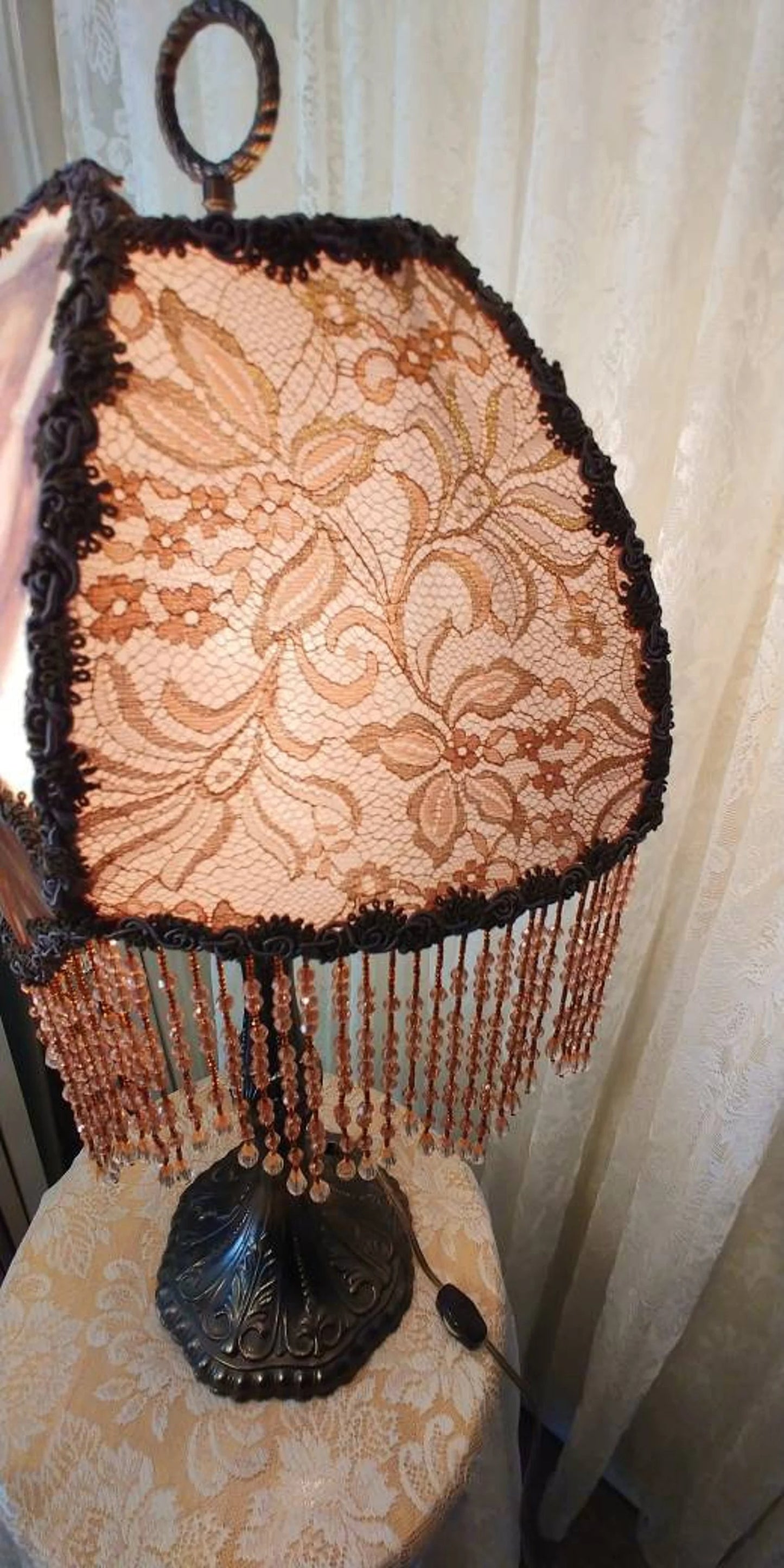 Angel Blessings, Vintage Half Lampshade with Bead Fringe and lamp