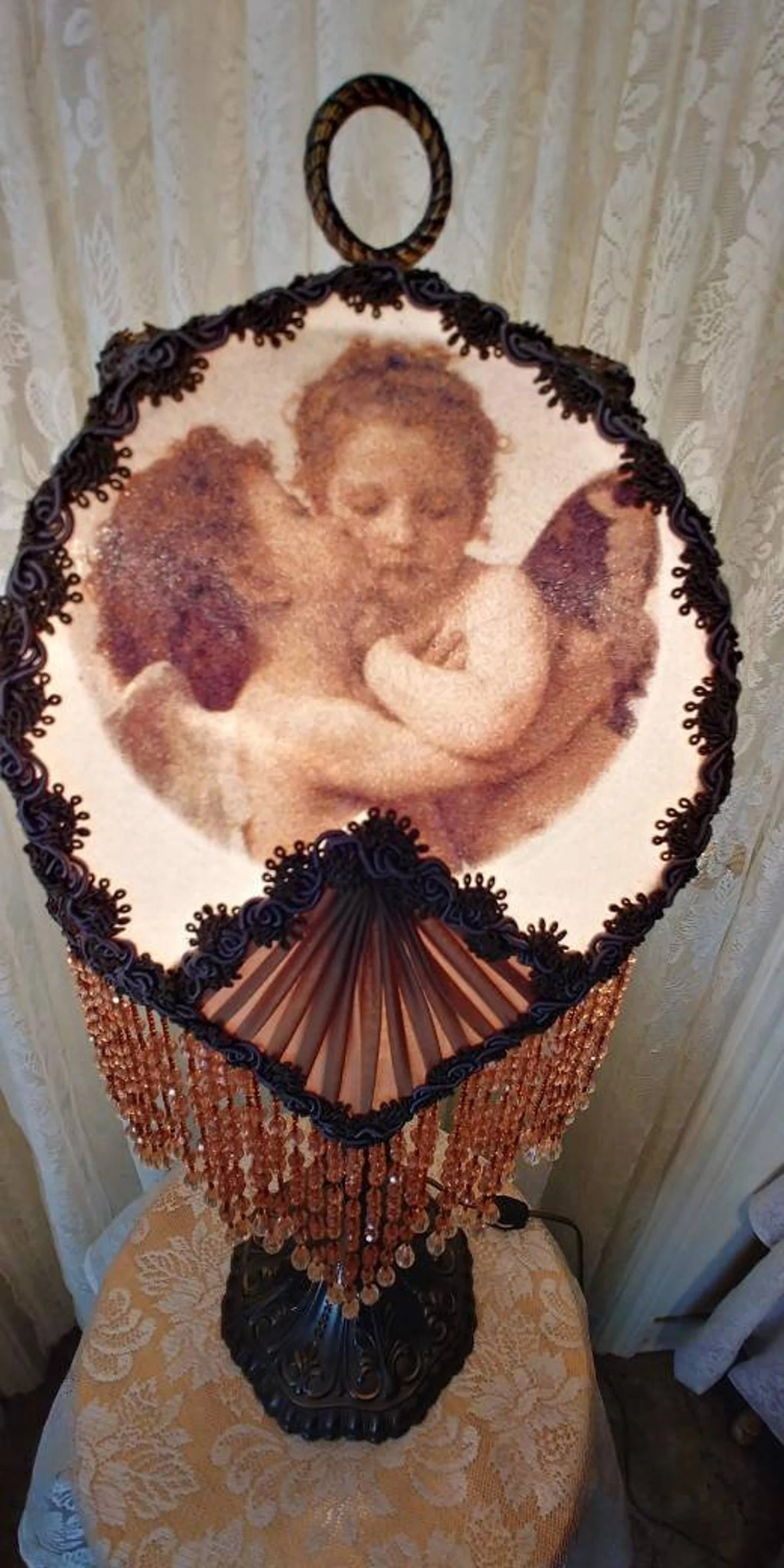 Angel Blessings, Vintage Half Lampshade with Bead Fringe and lamp
