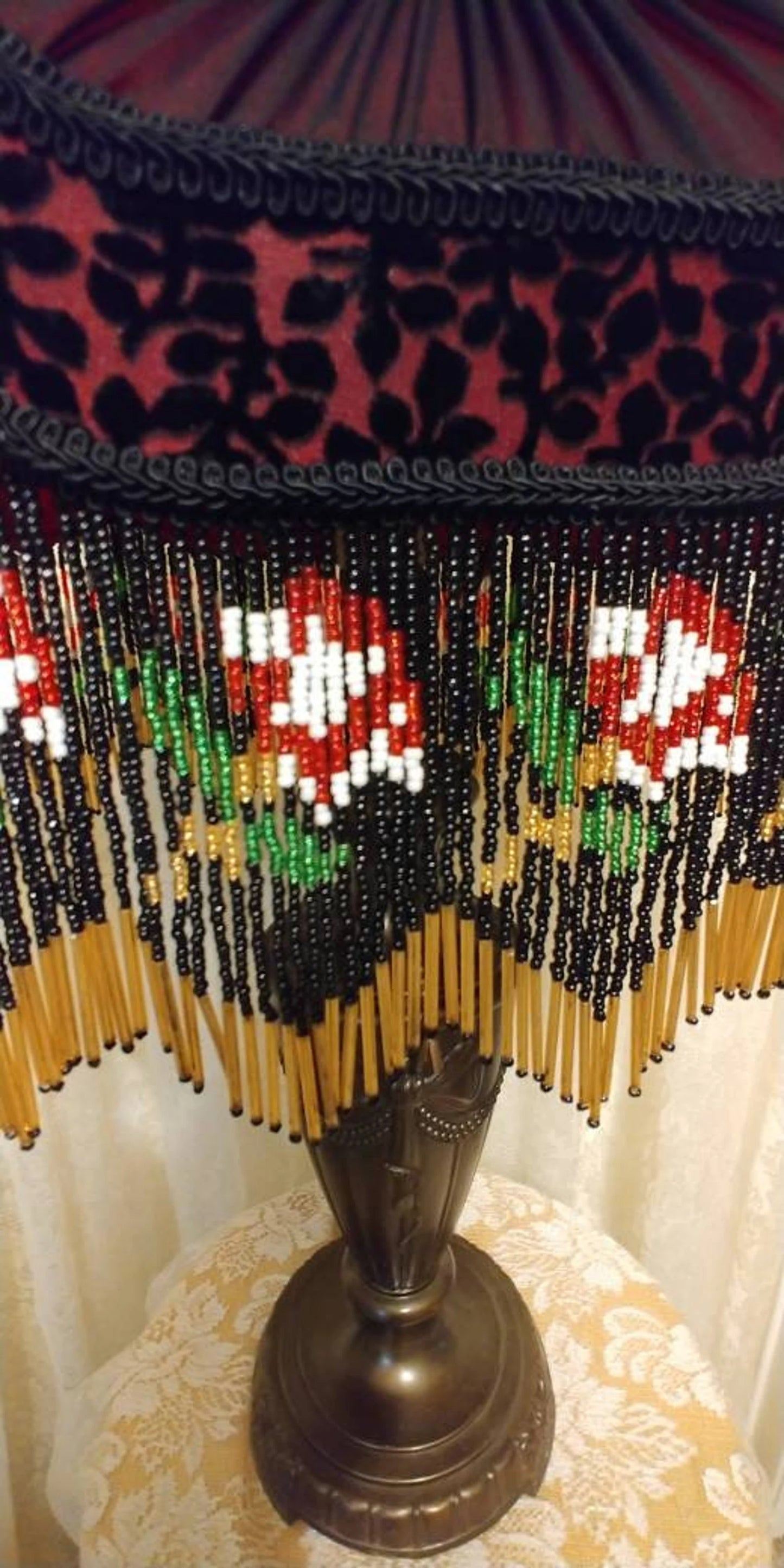 Red Roses Glass Bead Fringe on Victorian Style Table Lamp