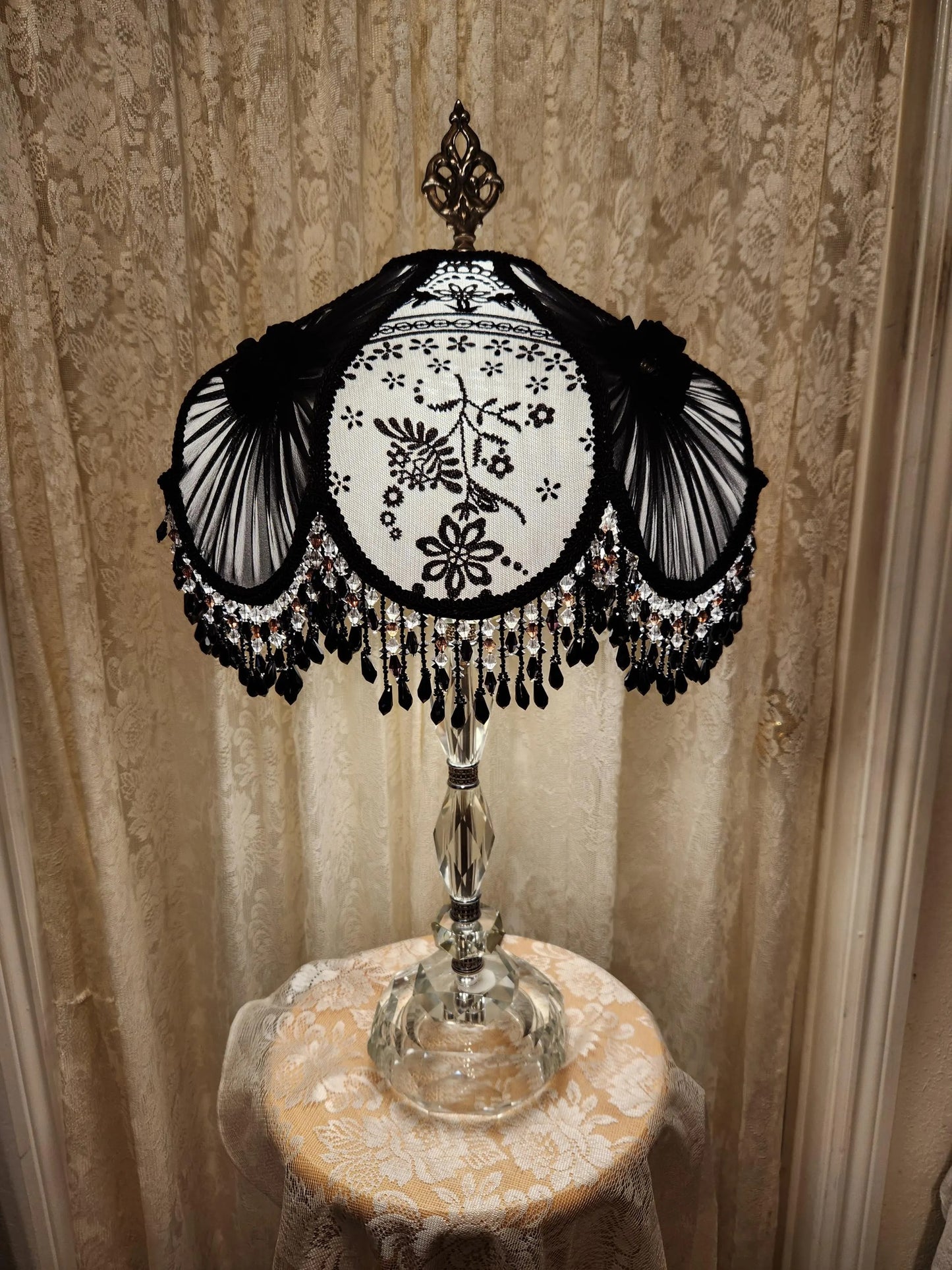 Black & White Victorian Shade - Beaded Fringe on Vintage Glass Lamp
