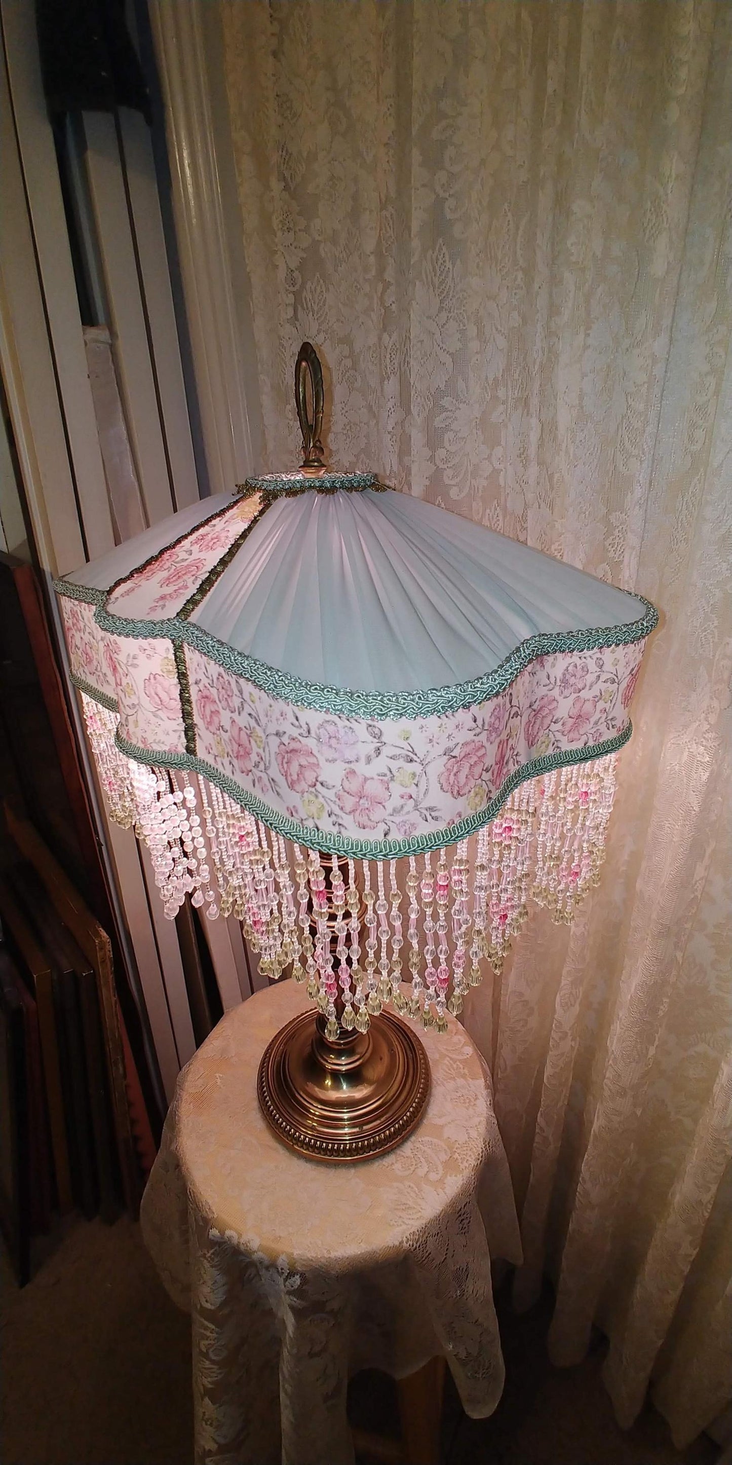 Victorian Style Lamp: Green & Rose Silk Shade, Solid Brass Base