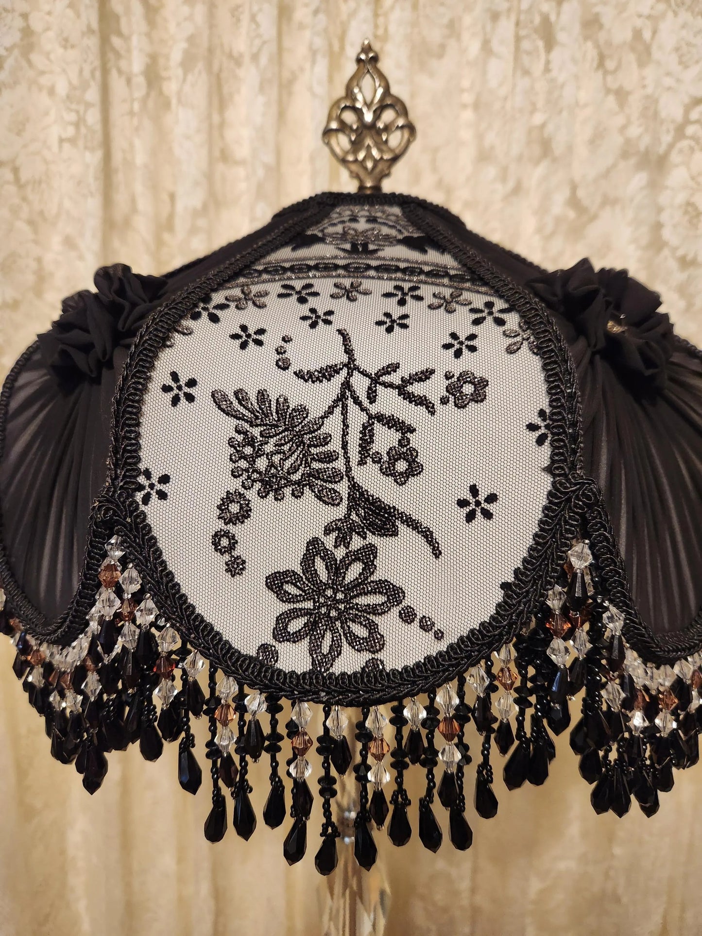Black & White Victorian Shade - Beaded Fringe on Vintage Glass Lamp