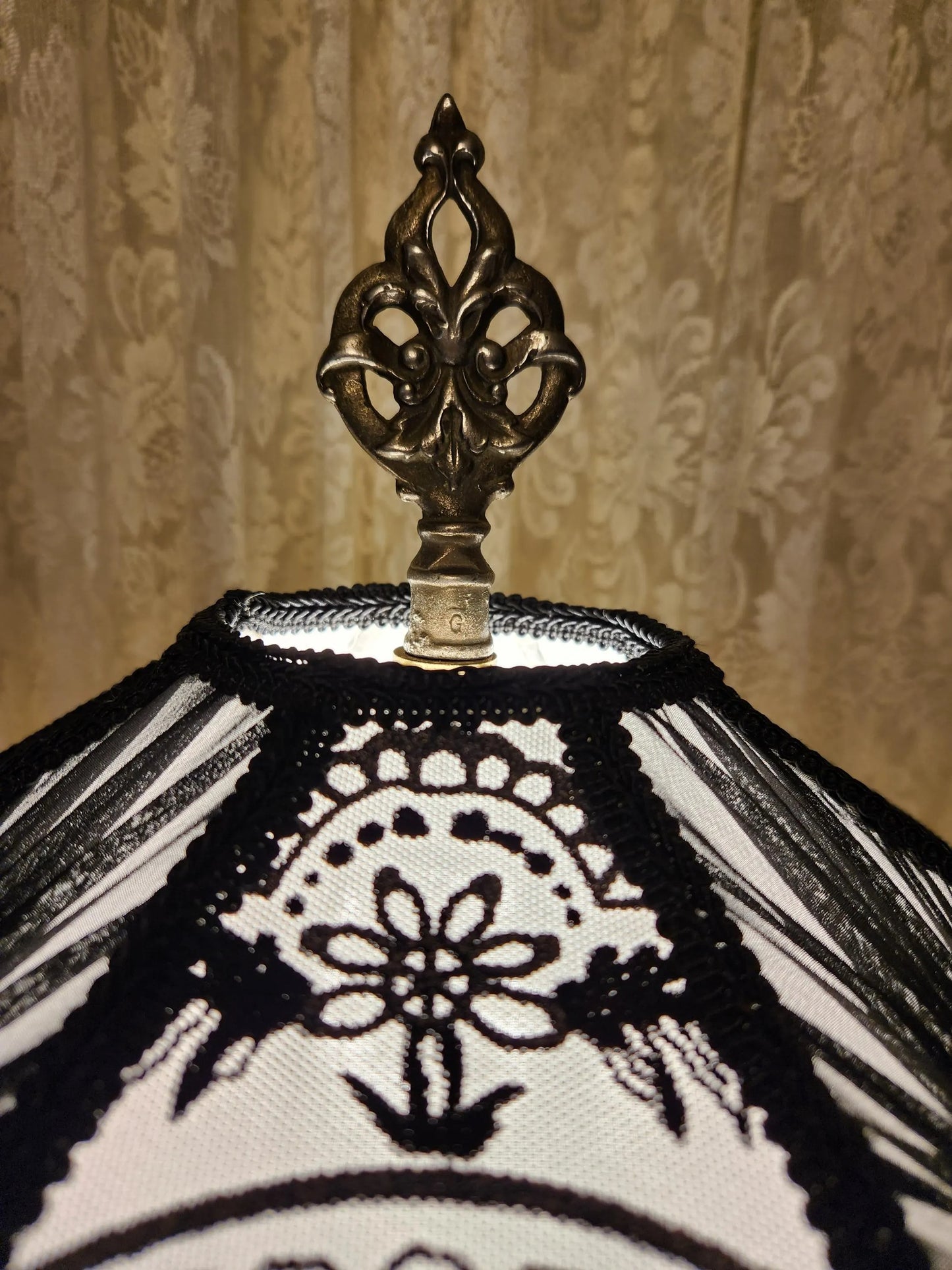Black & White Victorian Shade - Beaded Fringe on Vintage Glass Lamp