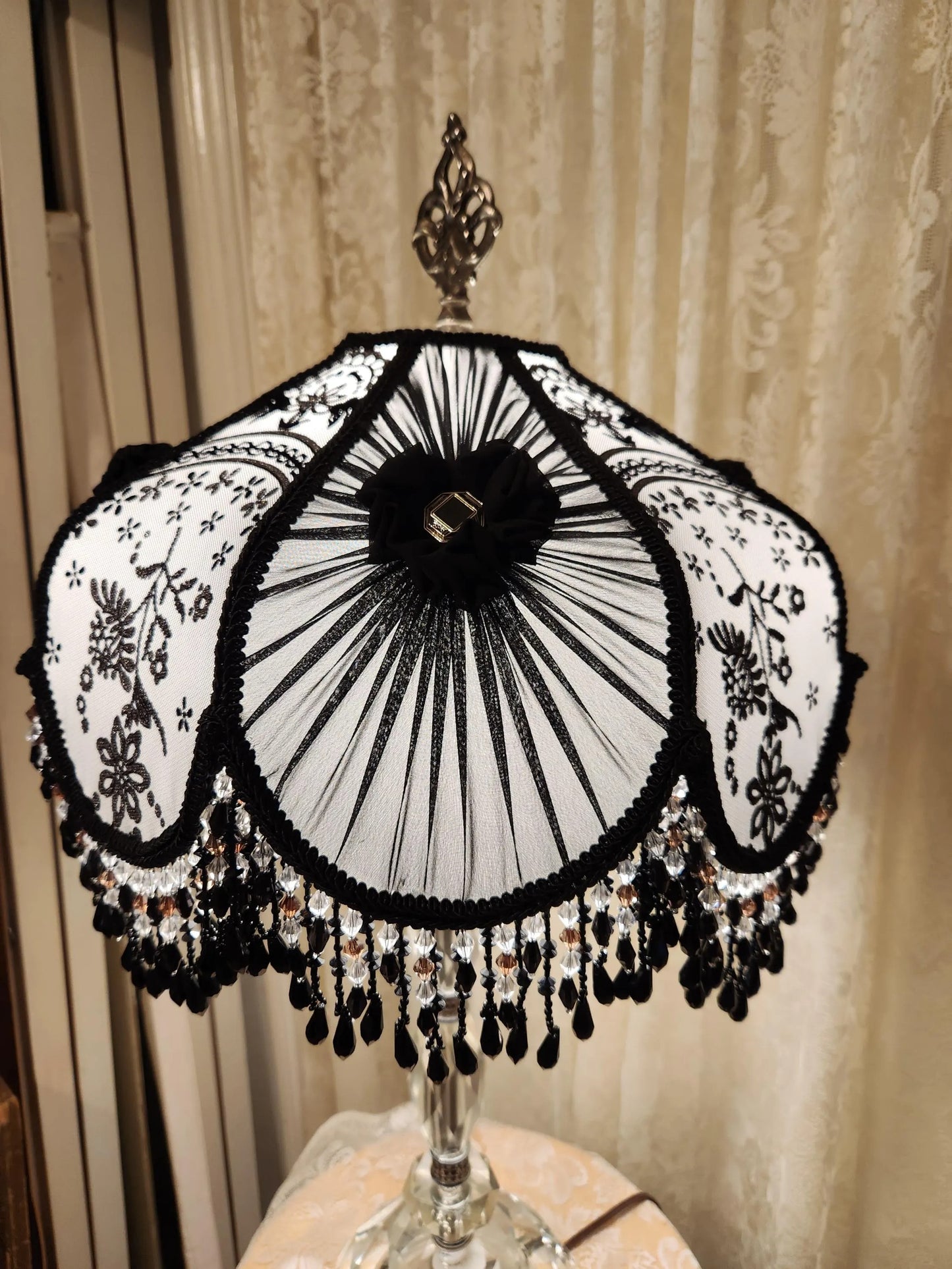Black & White Victorian Shade - Beaded Fringe on Vintage Glass Lamp