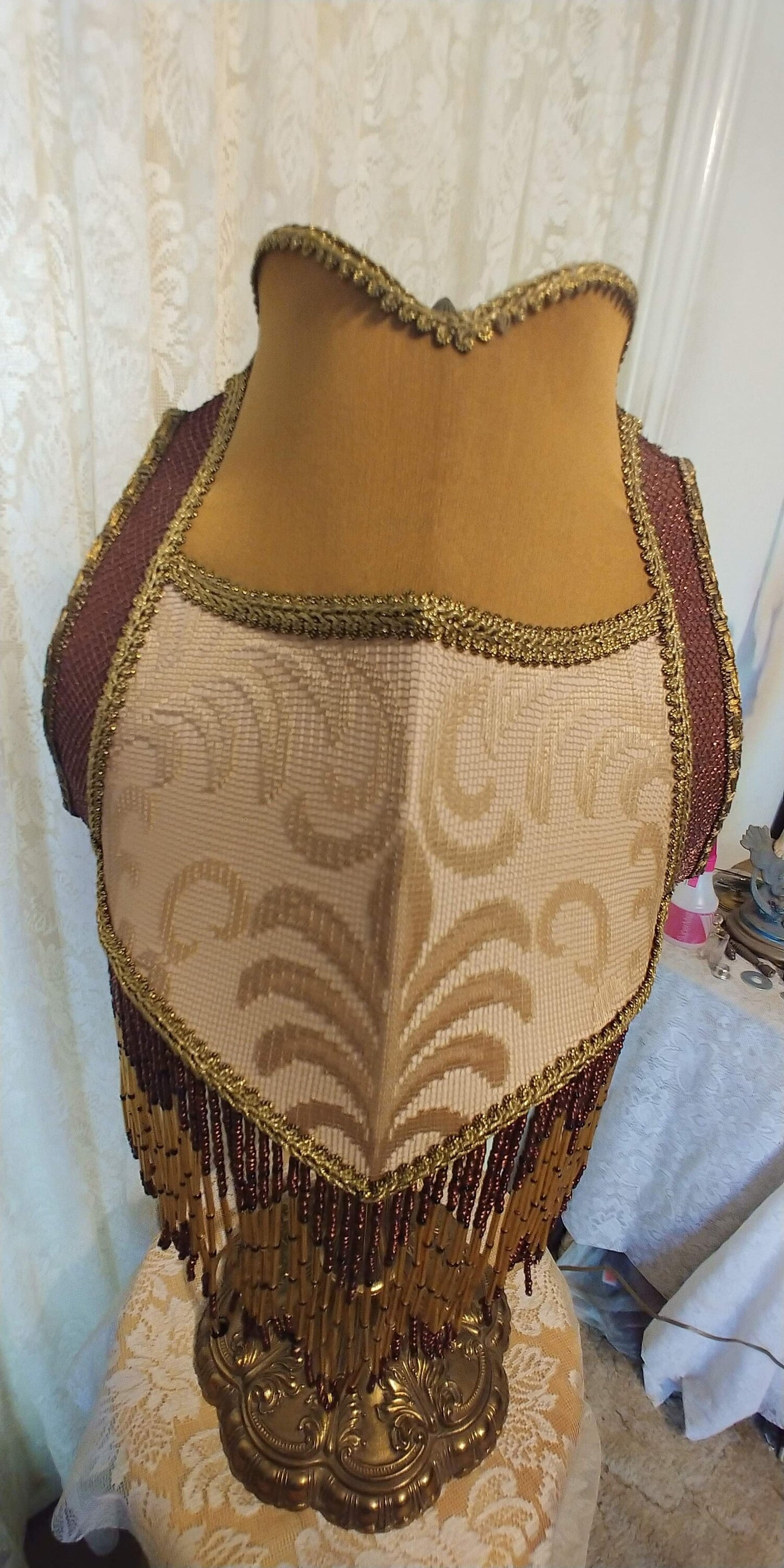 Warrior & Indian Maiden Vintage Cabin/Rustic Lamp with Shade Glass Bead Fringe
