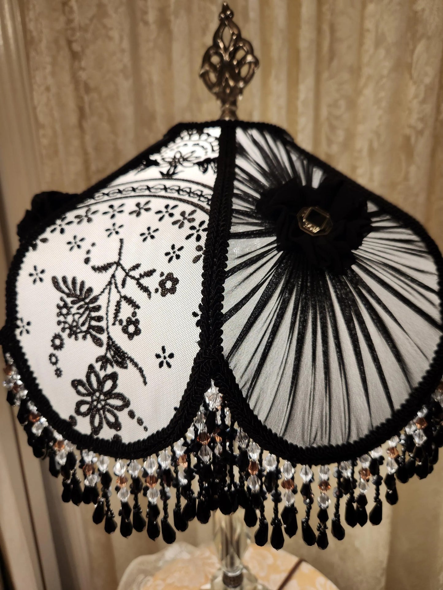 Black & White Victorian Shade - Beaded Fringe on Vintage Glass Lamp