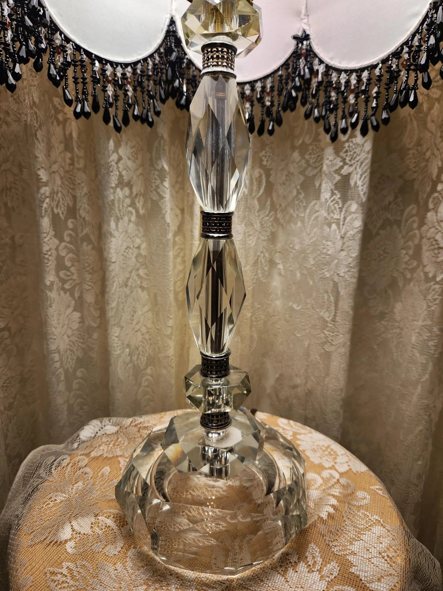Black & White Victorian Shade - Beaded Fringe on Vintage Glass Lamp
