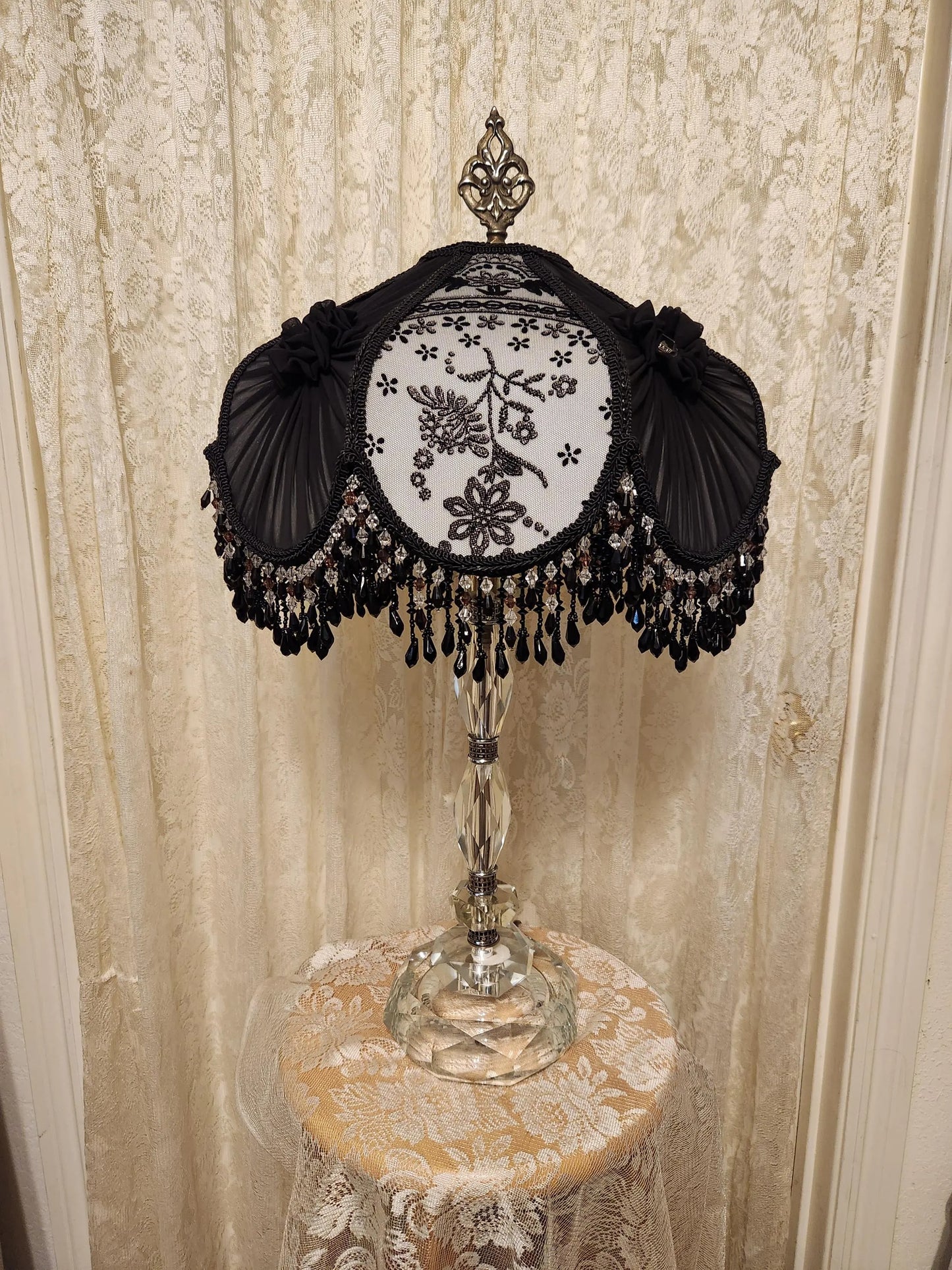 Black & White Victorian Shade - Beaded Fringe on Vintage Glass Lamp