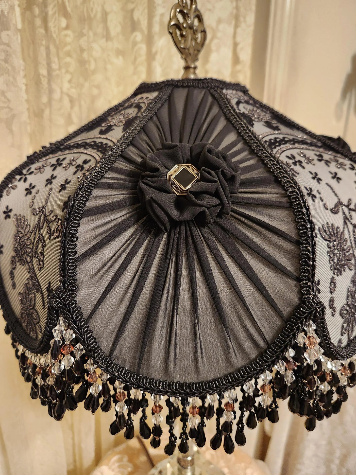Black & White Victorian Shade - Beaded Fringe on Vintage Glass Lamp