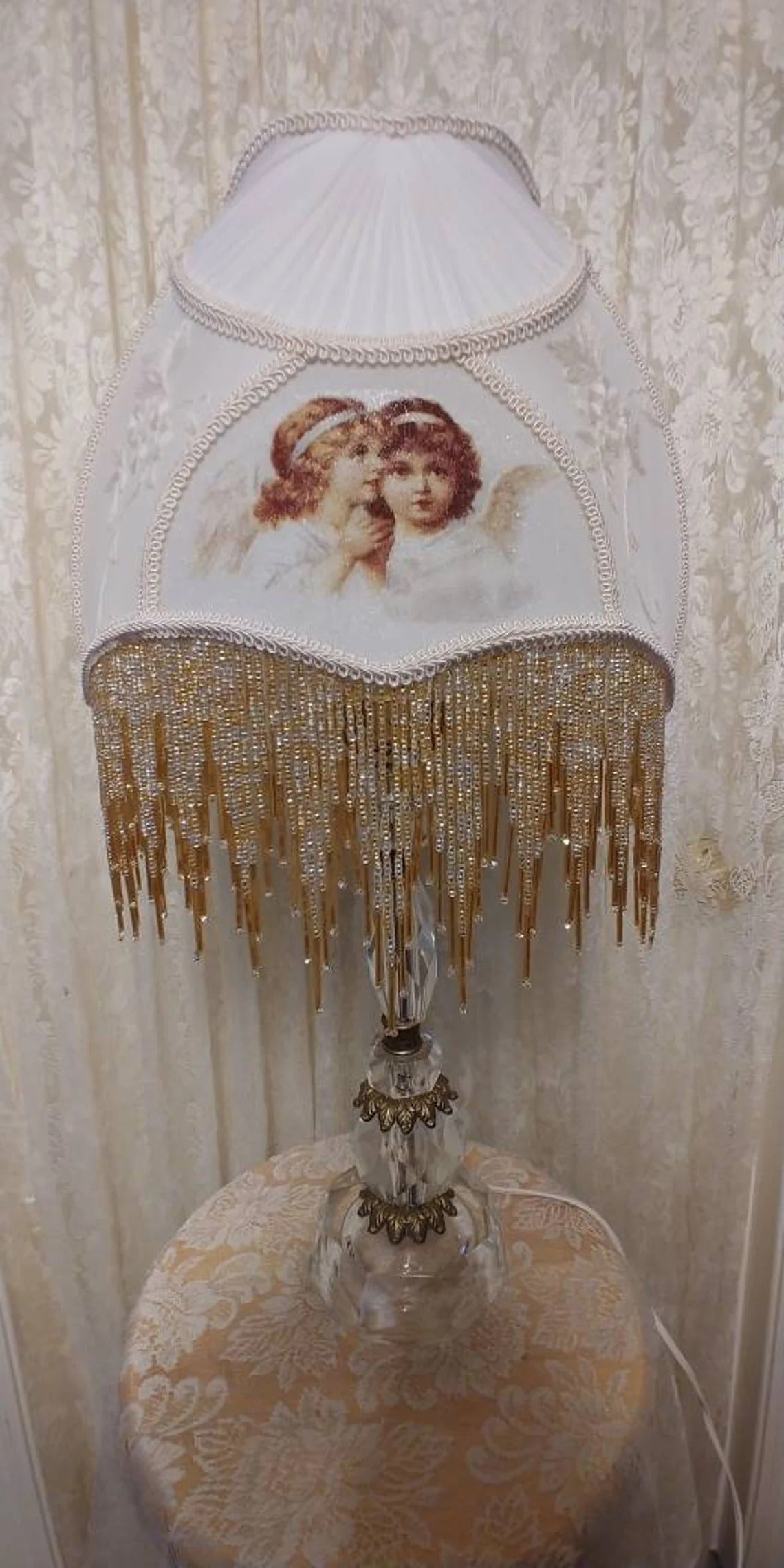 Angel Victortian Lampshade 25" ht. on Crystal lamp all glass bead fringe