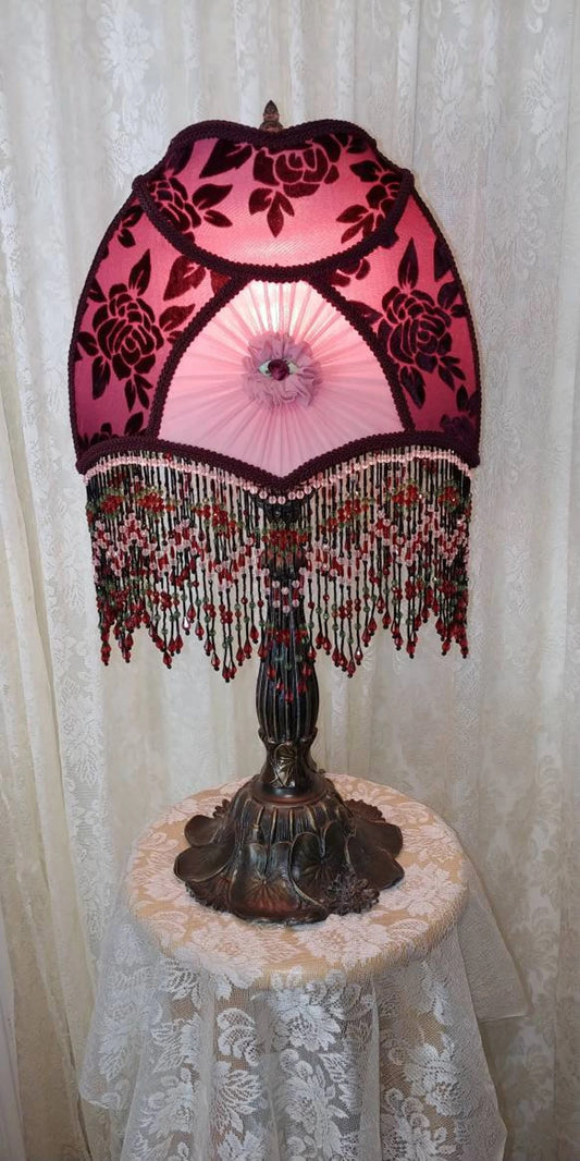 Vintage Style Cranberry Rose Beaded Shade and Lamp