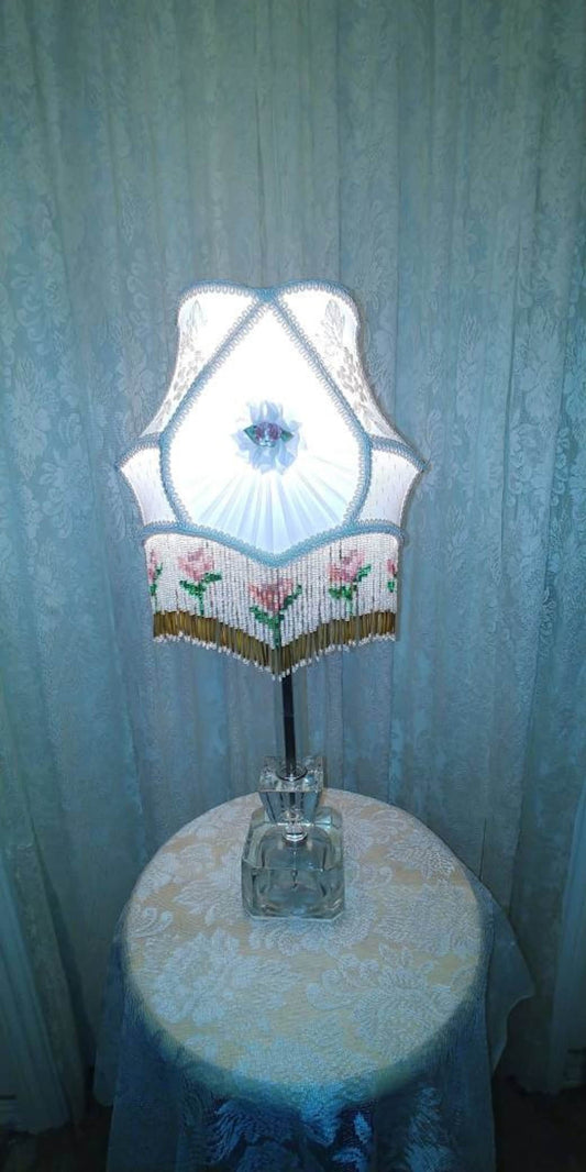 White Silk Victorian Lampshade with Floral Bead Fringe on Vintage Glass Lamp: Hand Sewn