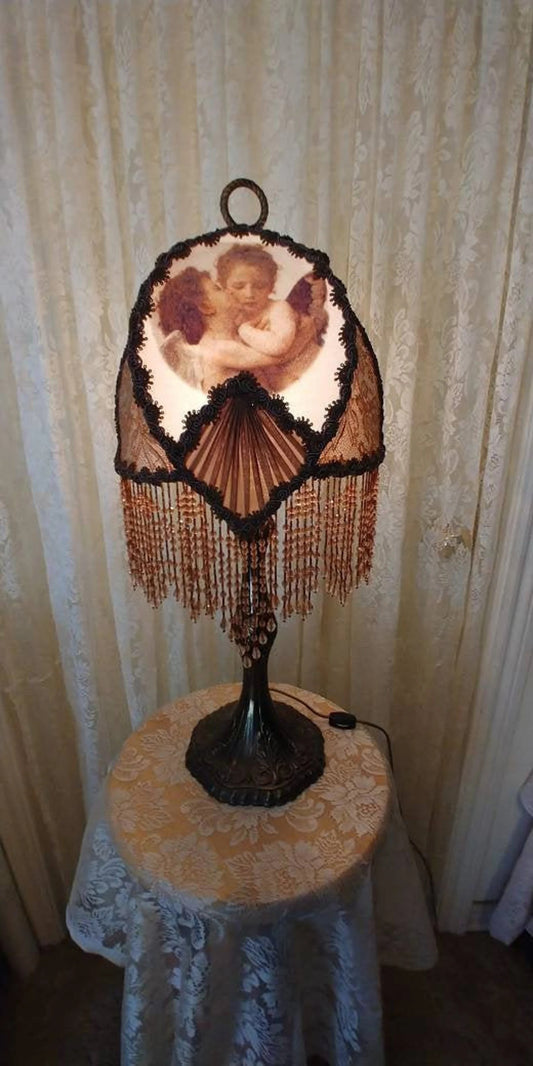 Angel Blessings, Vintage Half Lampshade with Bead Fringe and lamp
