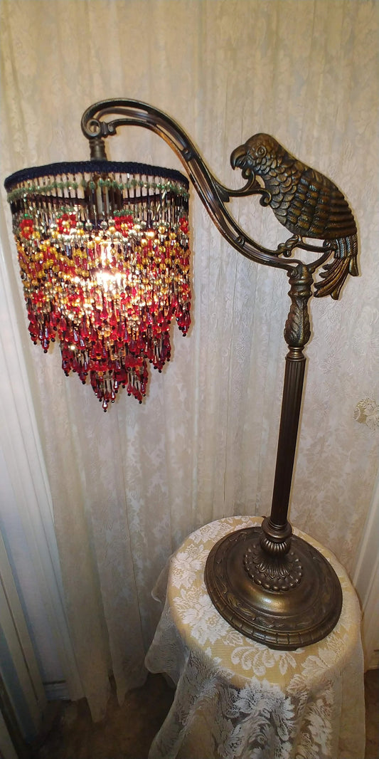 Vintage Parrott Table Bridge Lamp with Jewel tone All Bead Lamp shade