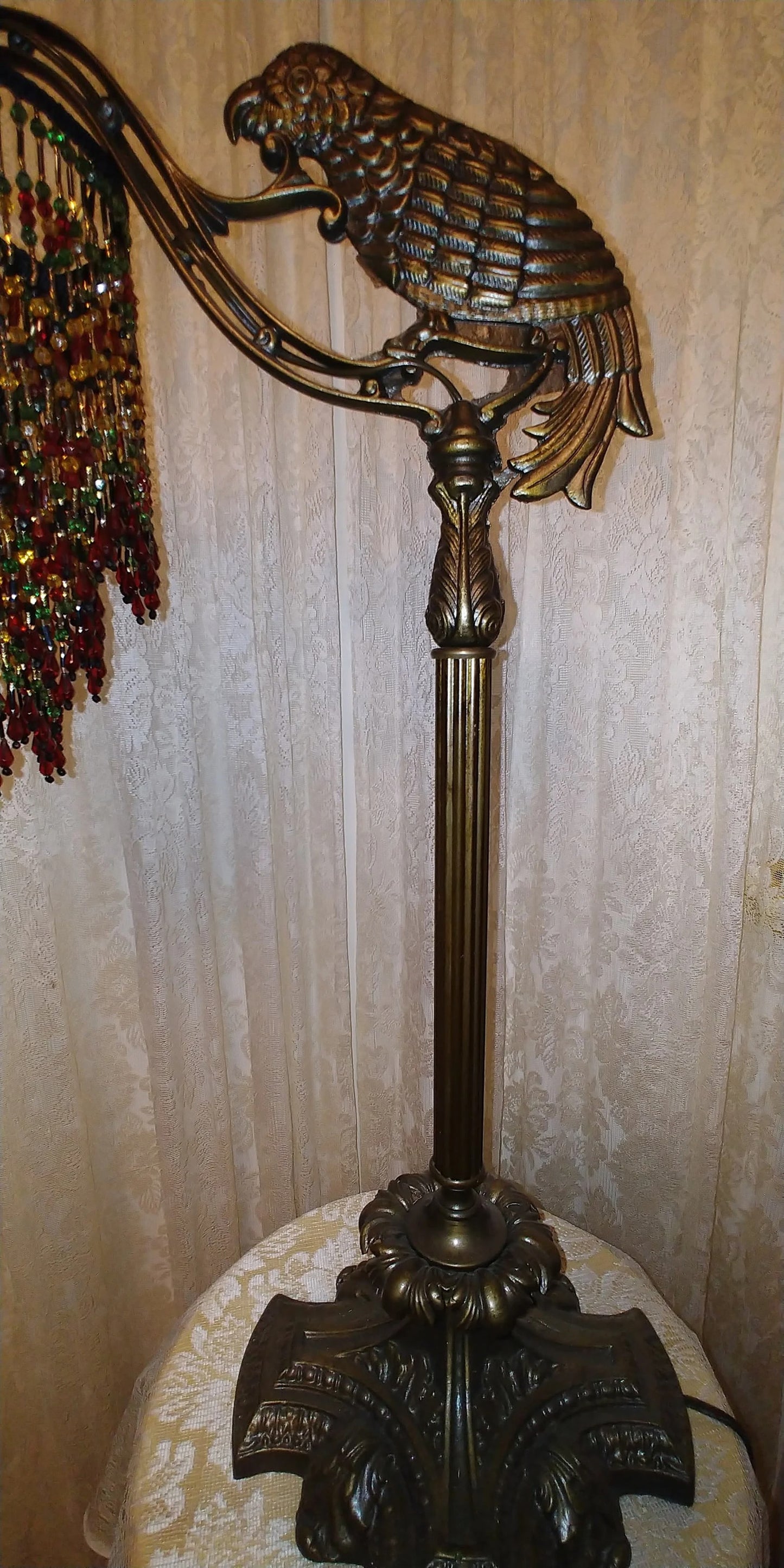 Vintage Parrott Table Bridge Lamp with Jewel tone All Bead Lamp shade