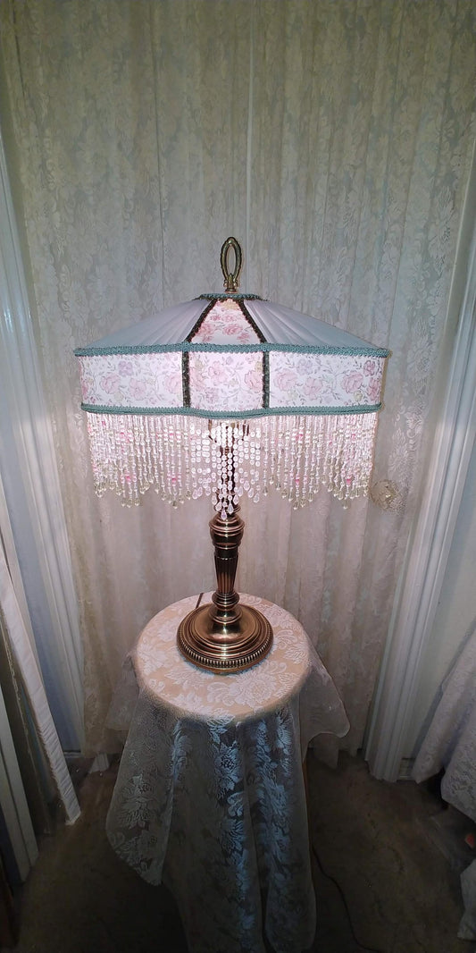 Victorian Style Lamp: Green & Rose Silk Shade, Solid Brass Base