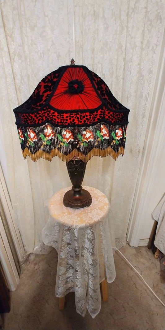 Red Roses Glass Bead Fringe on Victorian Style Table Lamp