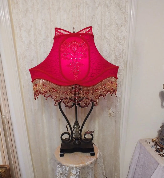 Royal House Chinese Red Beaded Lampshade with Vintage Metal Lamp 1930's era