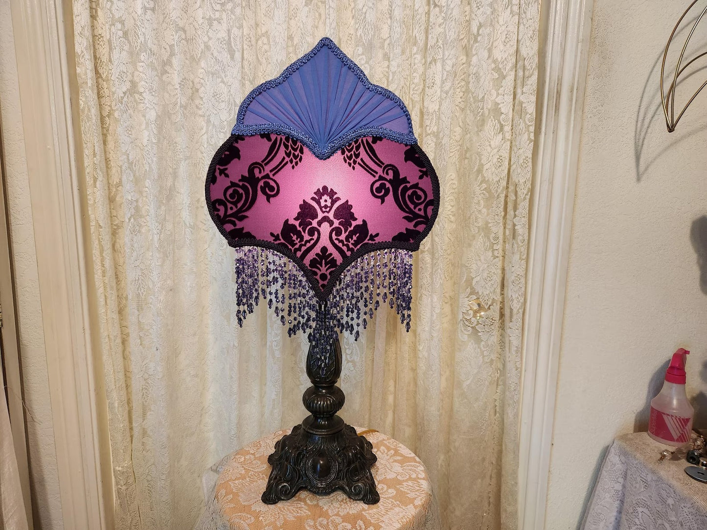 Vintage style purple and country, blue lamp and shade.