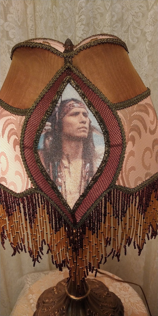 Warrior & Indian Maiden Vintage Cabin/Rustic Lamp with Shade Glass Bead Fringe