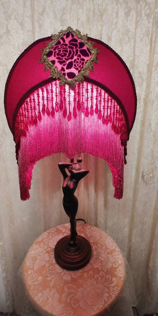 Art Deco Shy Nude Lamp 1930 era w Silk Cranberry Rose Crescent Lampshade Bead over Fringe