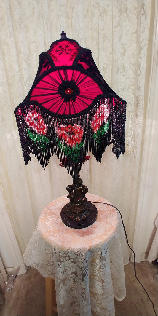 Gothic Black Marble 23" Vintage Table Lamp with Crimson & Black silk Lampshade