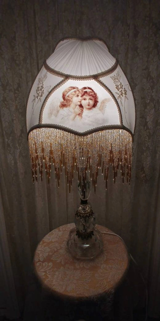 Angel Victortian Lampshade 25" ht. on Crystal lamp all glass bead fringe
