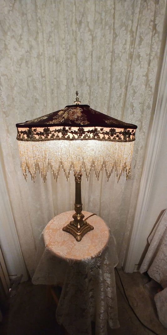 Asian Gold and Cranberry Silk Shade with Brass Table Lamp
