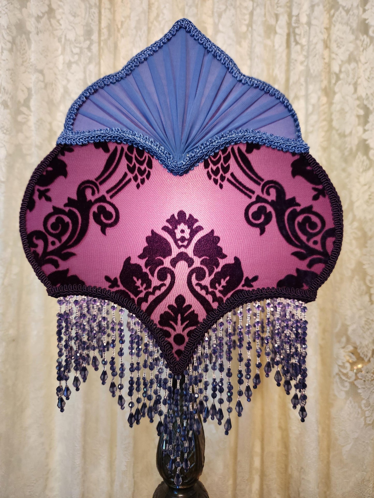 Vintage style purple and country, blue lamp and shade.