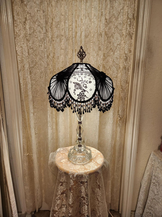 Black & White Victorian Shade - Beaded Fringe on Vintage Glass Lamp