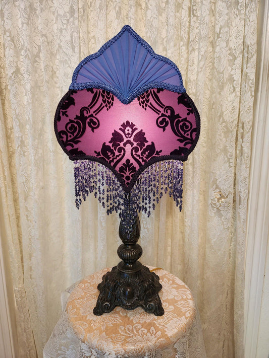 Vintage style purple and country, blue lamp and shade.