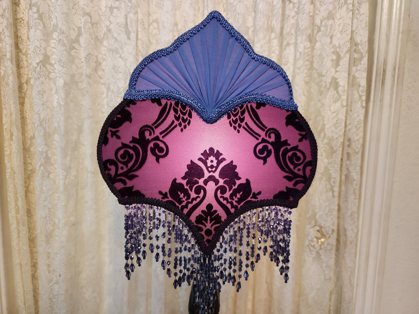 Vintage style purple and country, blue lamp and shade.